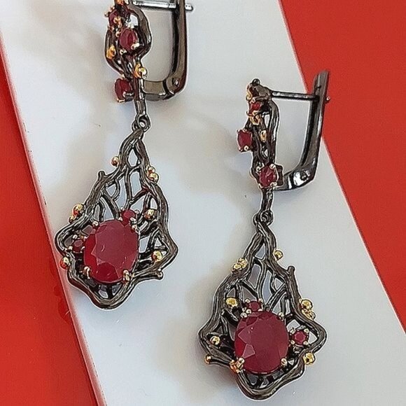Heated Natural Red Ruby 8x6mm 925 Sterling Silver Earrings - Picture 2 of 8